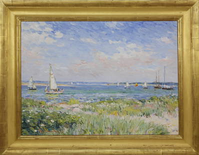 Jan Pawlowski Oil on Canvas "Sailing In Polpis Harbor": Jan Pawlowski Oil on Canvas "Sailing In Polpis Harbor", signed lower left Jan Pawlowski, '97, in molded gold leaf frame  30 in. x 40 in. Overall 40 in. x 49.5 in. Dimensions 30 in. x 40 in. Overall