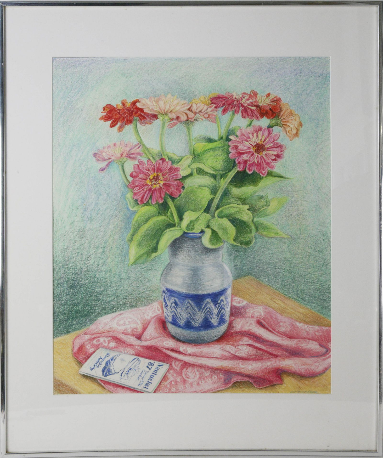 E. Cooper Pencil on Paper, "Still Life Zinnias in Blue (1 of 6)