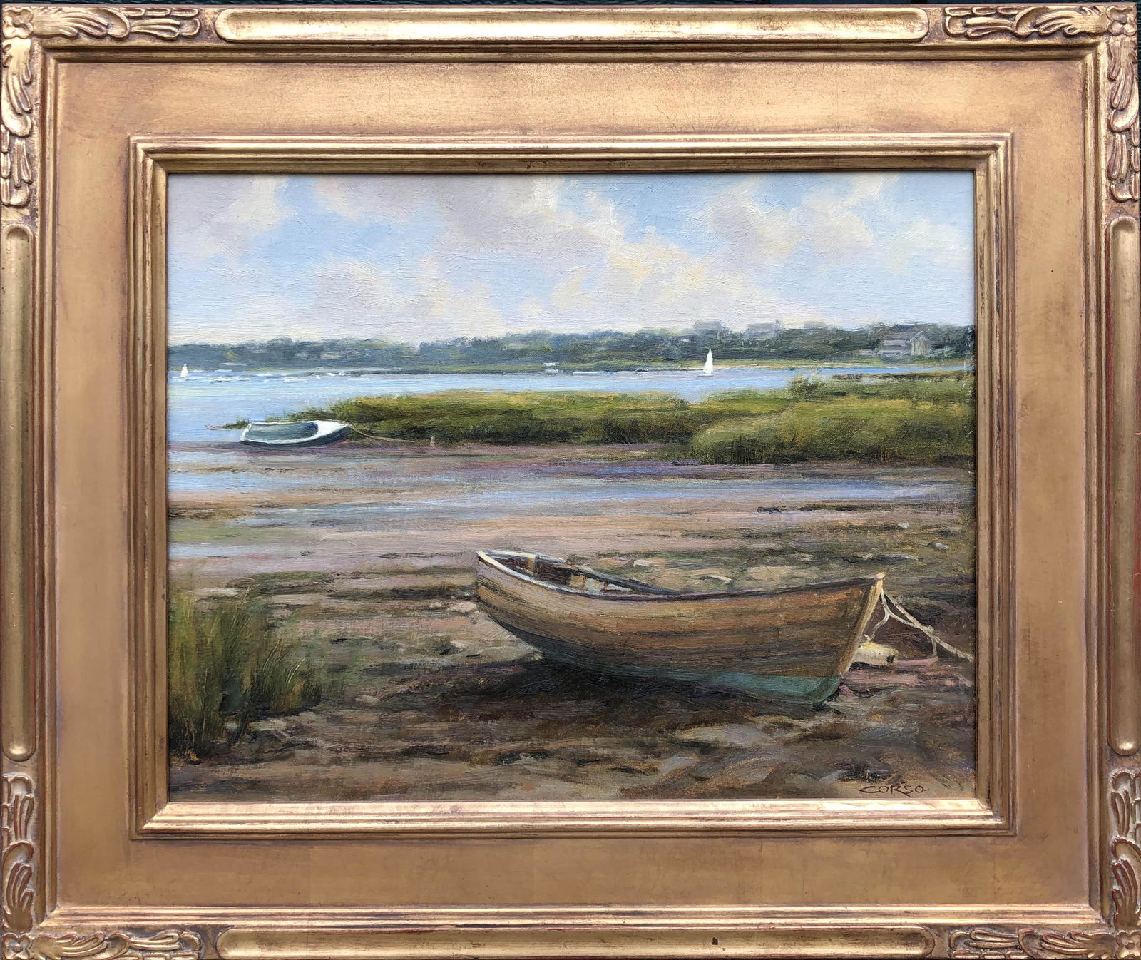 Frank Corso Oil on Board "Low Tide": Frank Corso (American b. 1952) Oil on Board "Low Tide", signed lower right Corso, in carved gilt frame, Robert Wilson Gallery label on reverse and signed and titled on backing. 16 in. x 20 in. Overal