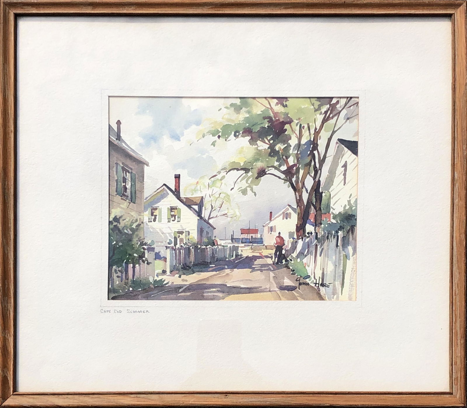 John Cuthbert Hare Watercolor "Cape Cod Summer": John Cuthbert Hare (Massachusetts 1908-1978) Watercolor on Paper "Cape Cod Summer", signed lower right John Hare and titled lower left "Cape Cod Summer", on mat, thin wood frame 7 in. x 8 in. Overall