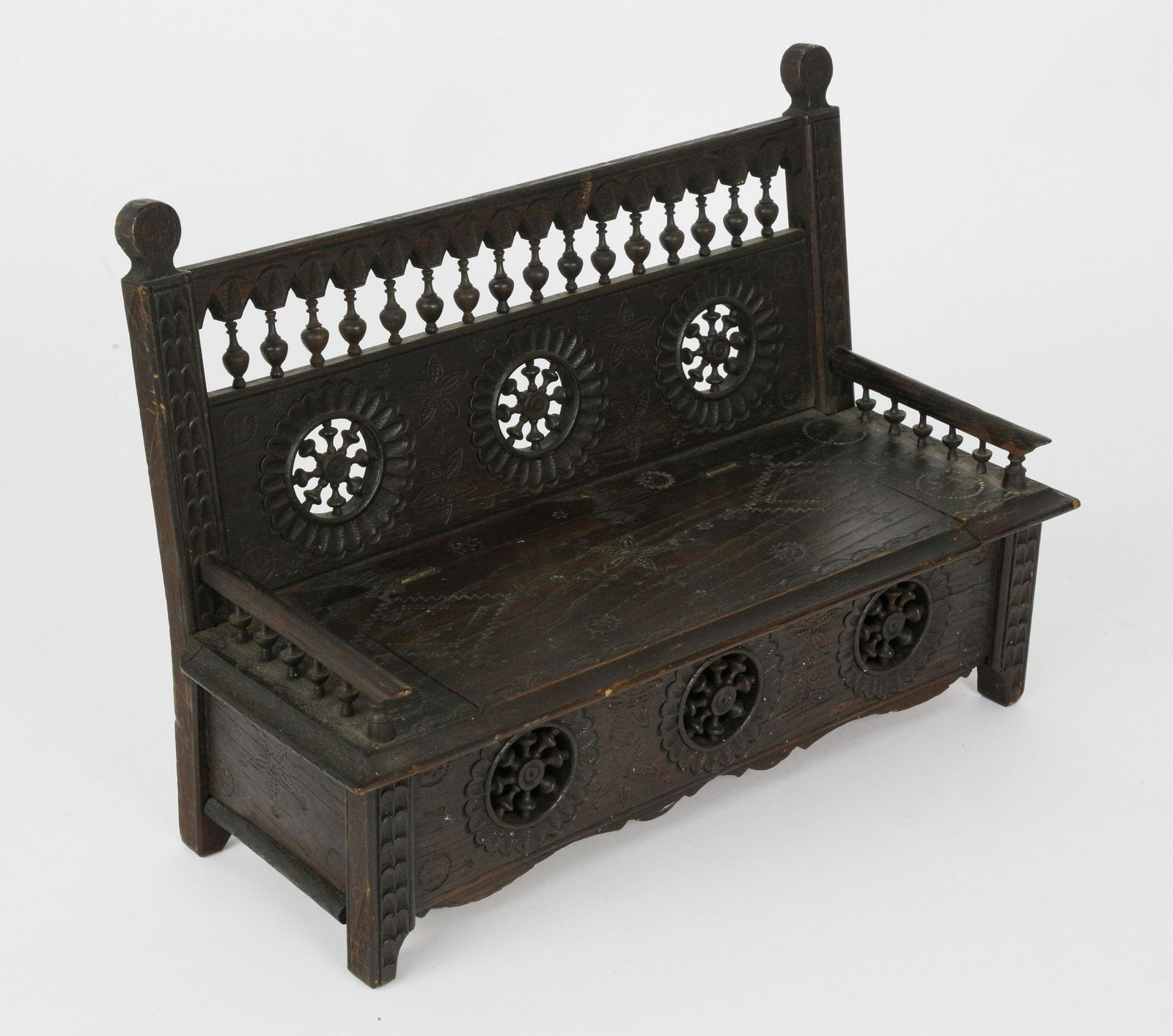 Miniature French Carved Walnut Lift Seat Settle Bench (1 of 4)