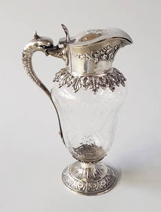 Sterling Silver and Etched Crystal Ewer: Sterling Silver and Etched Crystal Ewer, engraved initials on hinged lid, "L.E.G."