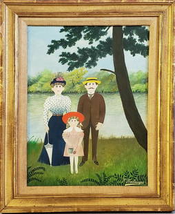 Fernand Boilauge Acrylic on Artist Board, "Family: Fernand Boilauge (1891-1991) Acrylic on Artist Board, "Family Portrait by the River", signed lower right, "F. Boilauge", in gilt frame. 13 in. x 9 in. Overall 17 in. x 13 in. Dimensions 13 in. x 9