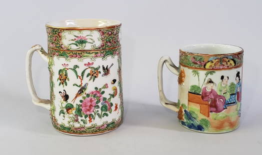 Two 19th Century Chinese Rose Medallion Mugs: Two 19th Century Chinese Rose Medallion Mugs, each with applied braided handle, ceremonial and floral decoration. Height 5.5 in. and 4 in. Dimensions Height 5.5 in. and 4 in.