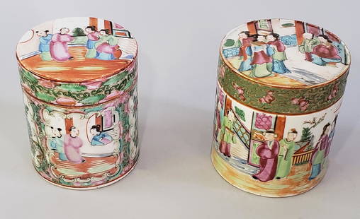 Two 19th Century Chinese Rose Medallion Cylindrical: Two 19th Century Chinese Rose Medallion Cylindrical Covered Boxes, with ceremonial and floral decoration. Height 4.5 in. Diameter 4 in. Dimensions Height 4.5 in. Diameter 4 in.