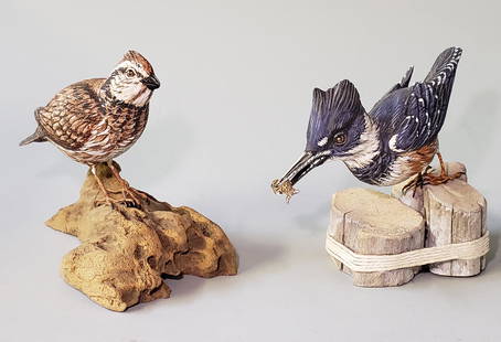 Two Robert Wells Hand Carved and Painted Shorebird: Two Robert Wells Hand Carved and Painted Shorebird Decoys, both signed upon the base, "Robert Wells 1994 and '93". Height 5 in. Width 5 in. Dimensions Height 5 in. Width 5 in.