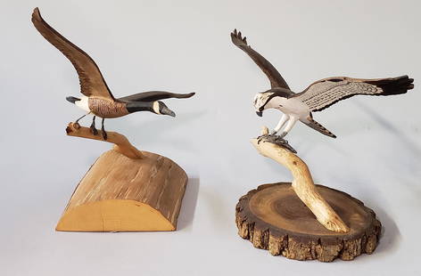 Two Hand Carved and Painted Spread Winged Bird Decoys: Two Hand Carved and Painted Spread Winged Bird Decoys, each signed upon the base, "L.F.G. Newmarket, N.H., 89 and 94", Canada Goose, and Osprey. Height 6 in. Width 5 in. Dimensions Height 6 in.