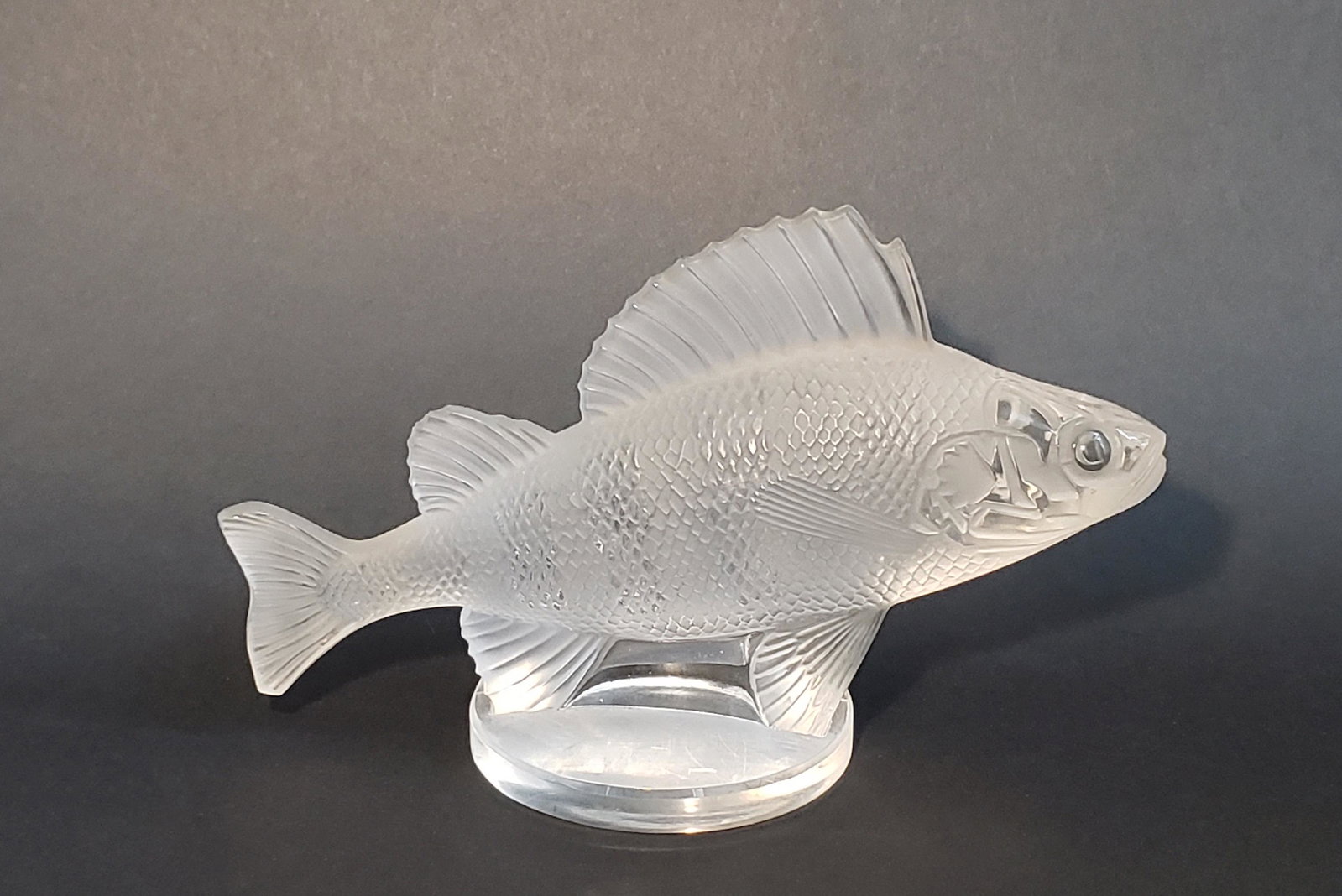 Signed Lalique French Frosted Glass Figural Yellow: Signed Lalique French Frosted Glass Figural Yellow Perch, signed upon the base "Lalique-France" Height 4 in. Width 6.25 in. Depth 2.5 in. Provenance: Estate of Linda Loring, 4 Rays Court,