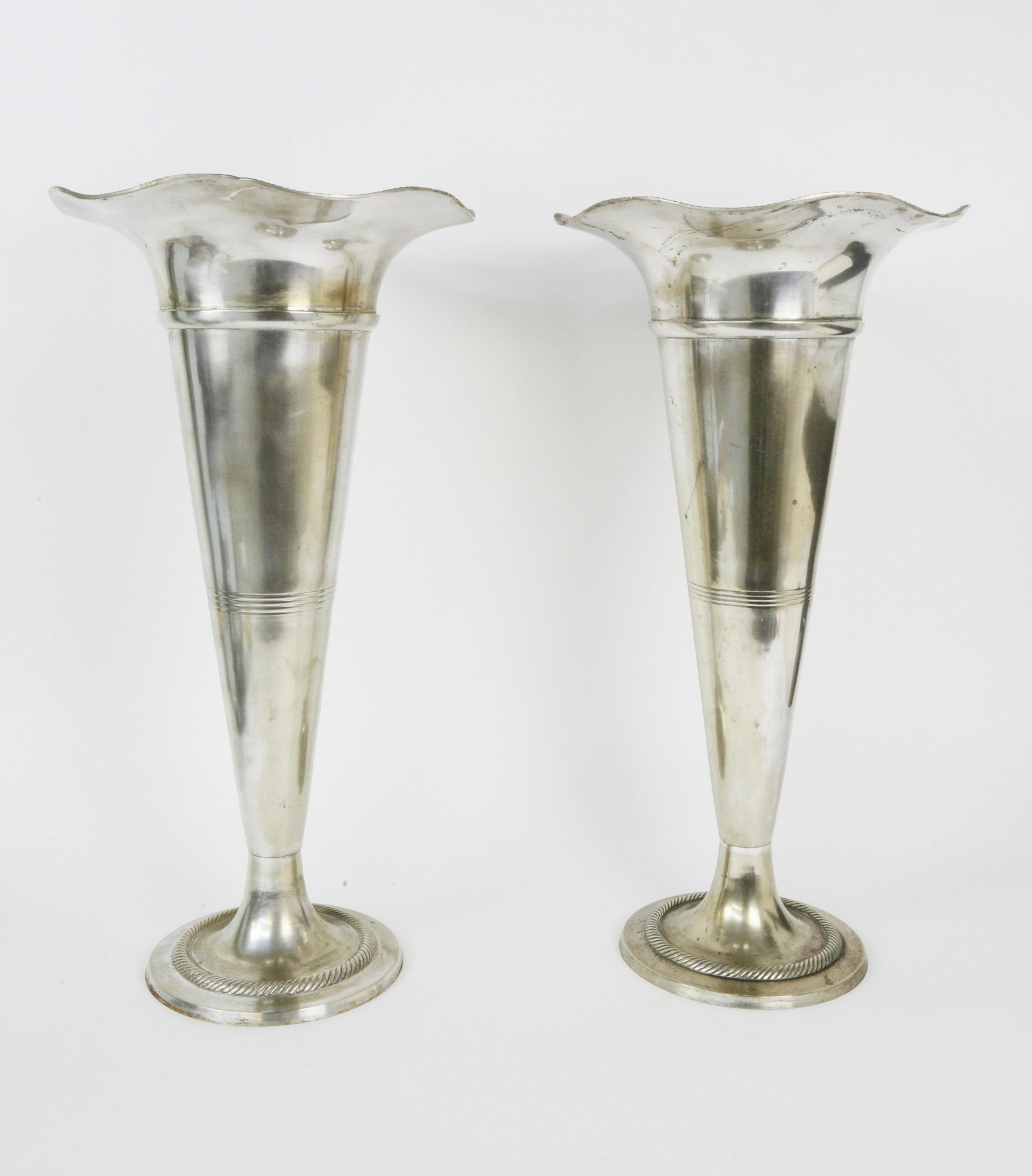 Pair of Polished Pewter Floral Trumpet Vases (1 of 7)