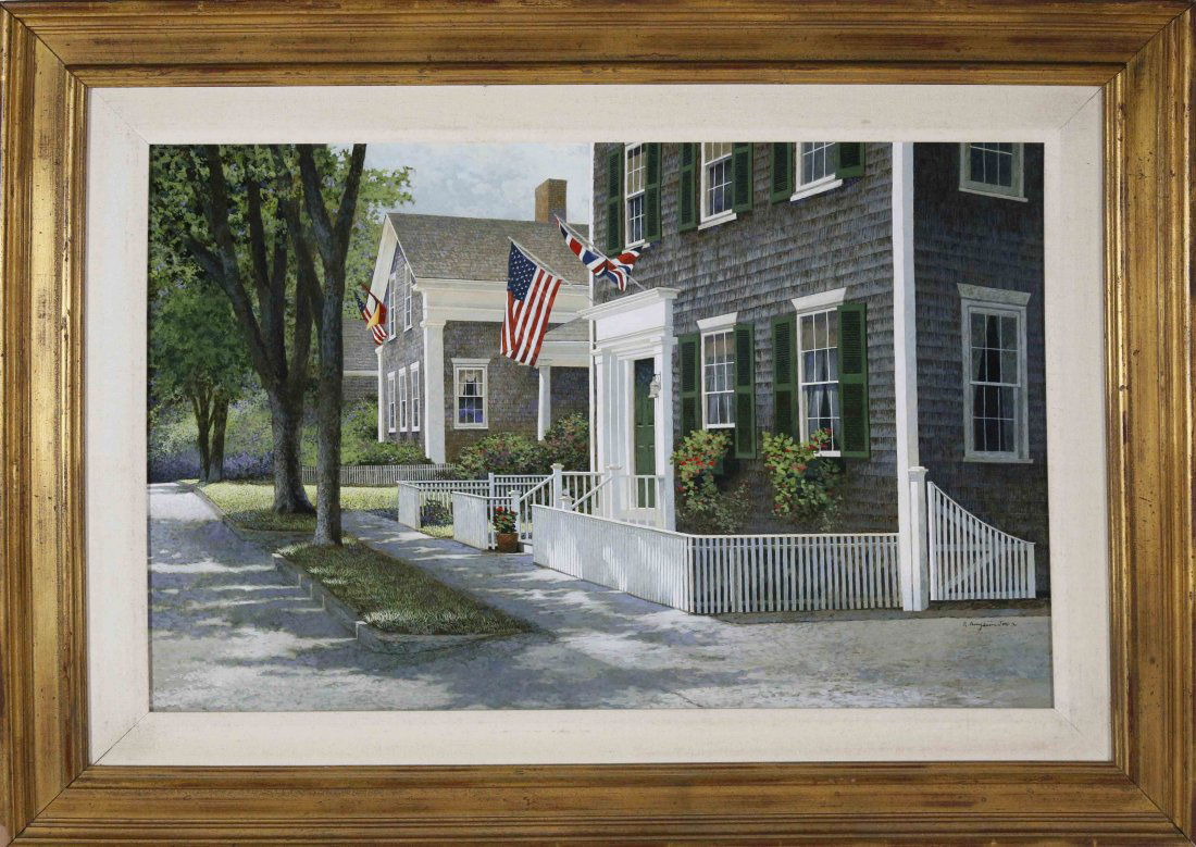 R. Benjamin Jones Acrylic Upper Main Street, Nantucket: R. Benjamin Jones Acrylic on Panel, "Upper Main Street, Nantucket", signed lower right R. Benjamin Jones, in carved and molded gilt frame with linen liner.17 in. x 26 in. Overall 25 in. x 34.5 in.