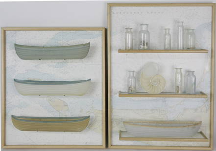 Two Marc Petrovic Glass Sculptures: Two Marc Petrovic Glass Sculptures "Navigator Series" and "Lifeboat Series", with glass bottles and boats, signed and dated lower right 2015 and 2013, retails for $9,600 (larger piece) and $5,600 (sma