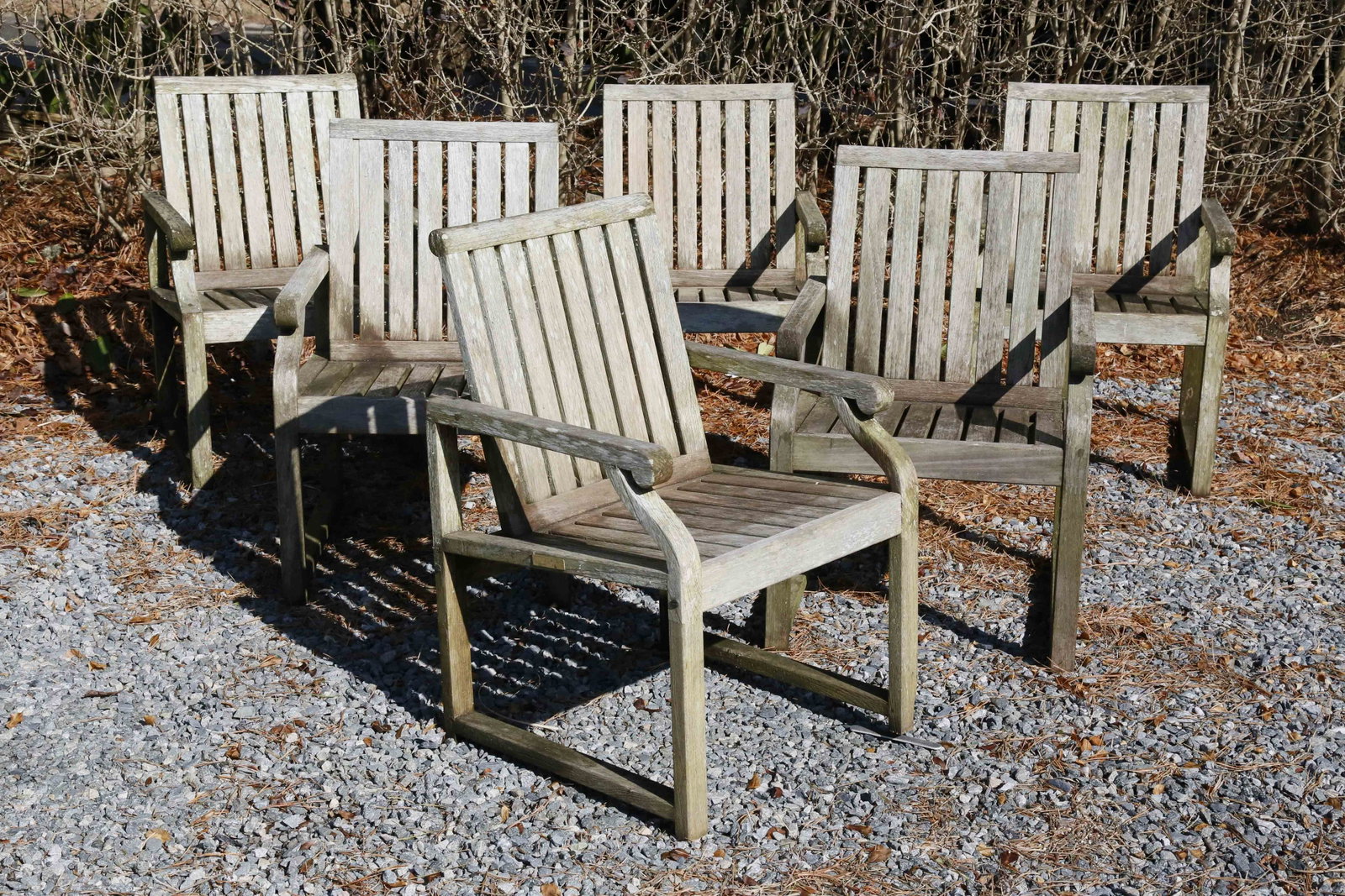 Set of Six Kingsley-Bate Teak Wood Armchairs: Set of Six Kingsley-Bate Teak Wood Armchairs Height 34 in. Width 22 in. Depth 22 in. Seat Height 17 in. Dimensions: Height 34 in. Width 22 in. Depth 22 in. Seat Height 17 in. Circa: 20th Century
