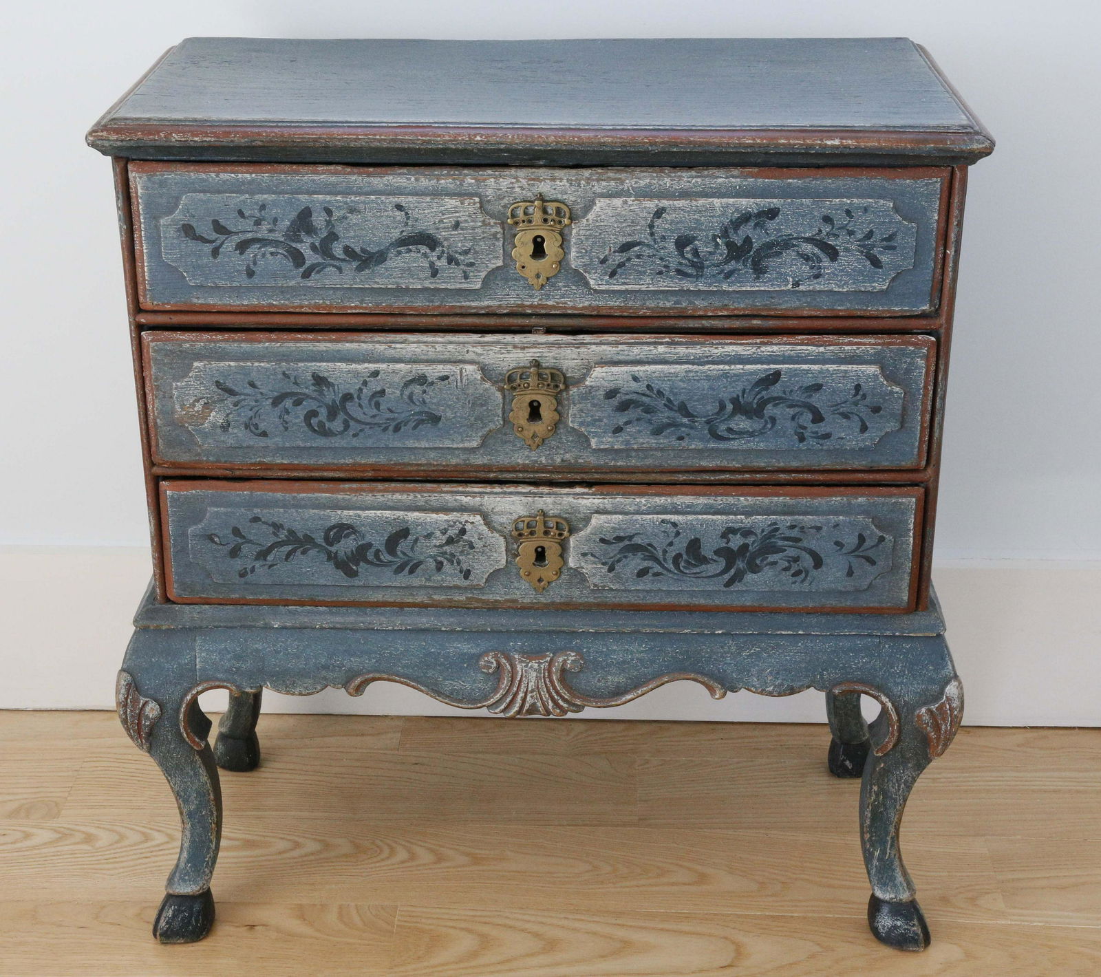Scandinavian Petite Three Drawer Chest in Blue Paint, (1 of 7)