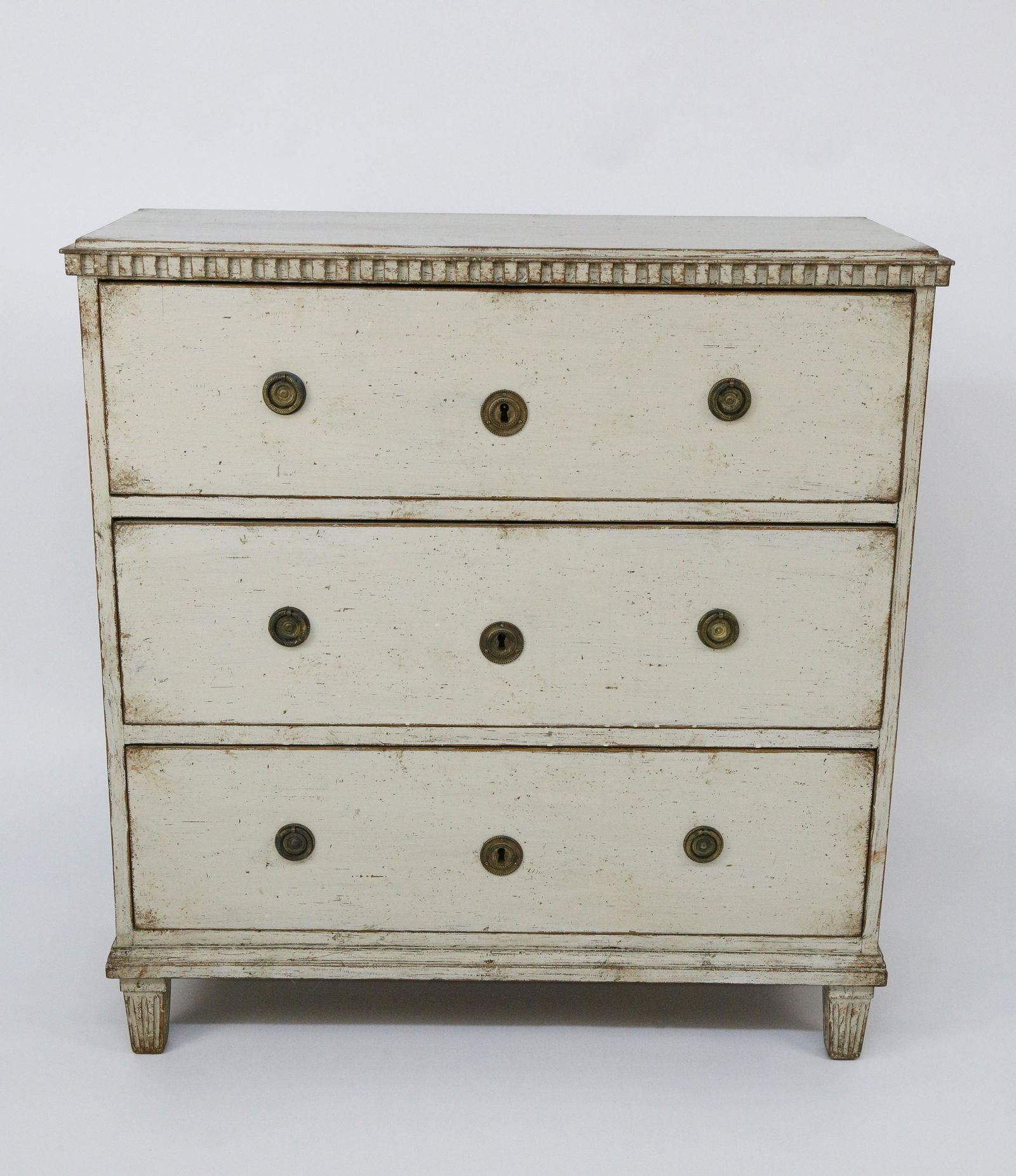 Swedish Gustavian Style Lime Washed Three Drawer Chest, (1 of 5)