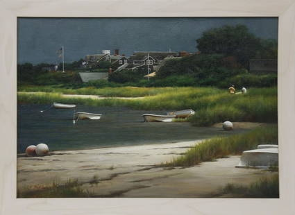 Li Xiao Oil on Canvas "Monomoy Shores": Li Xiao (Shanghai b. 1957 ) Oil on Canvas "Monomoy Shores", signed lower left Li Xiao, in flat creme frame. 14 in. x 20 in. Overall 16 in. x 22 in. For years, Xiao has created paintings with a variety
