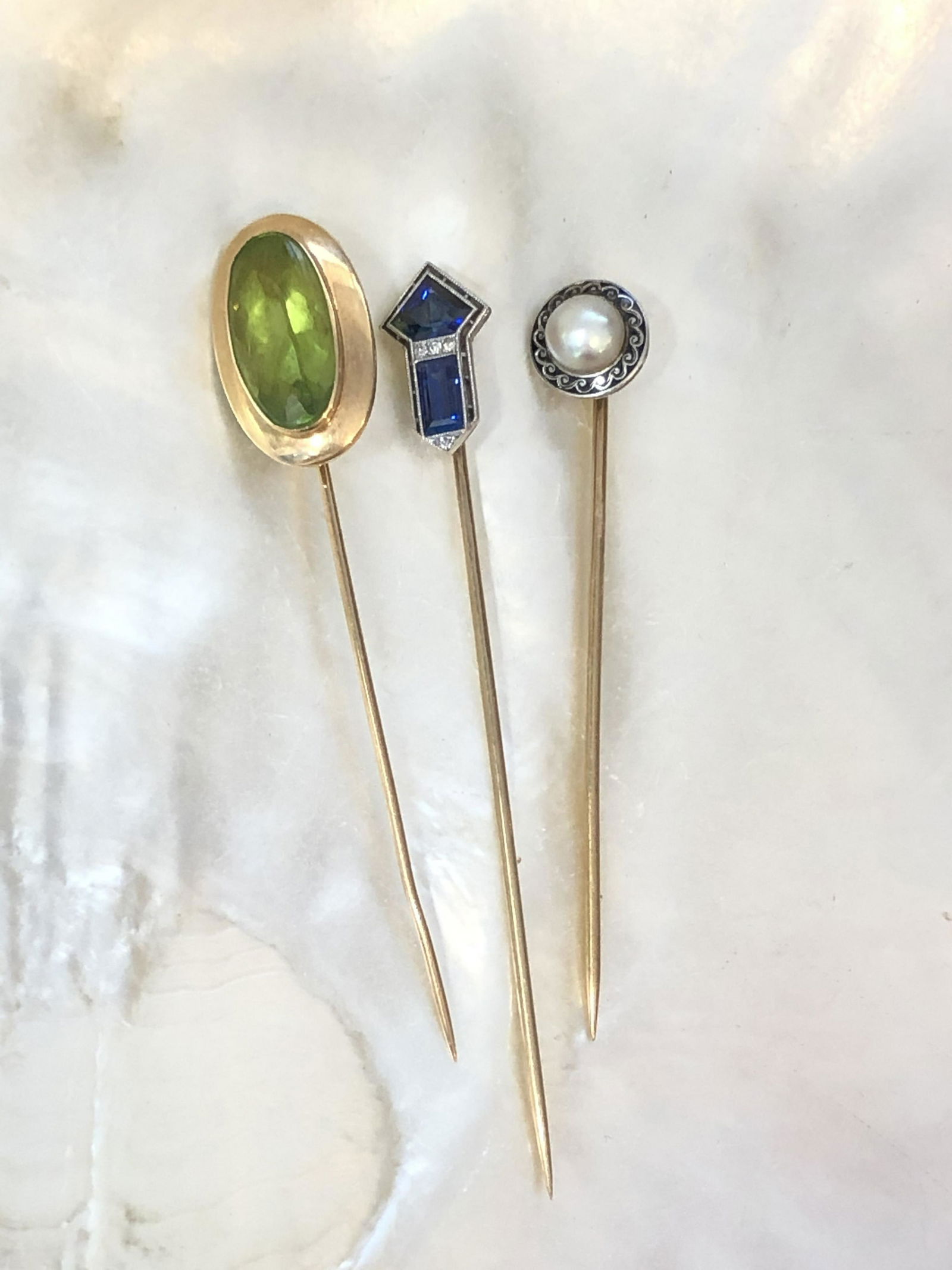 3 Antique Precious Stone Hat Pins, Peridot, Sapphire (1 of 4)