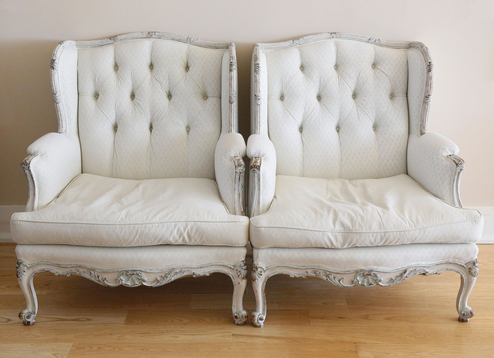 Pair of Continental Upholstered Tufted Bergeres (1 of 11)