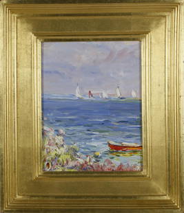 Jan Pawlowski Oil on Canvas Sailing in Polpis: Jan Pawlowski (Polish/American b. 1949) Oil on Canvas "Sailing in Polpis Harbor" , signed lower right, Jan Pawlowski, in molded gold leaf frame 9.5 in. x 7.5 in. Overall 14.5 in. x 17.5 in.