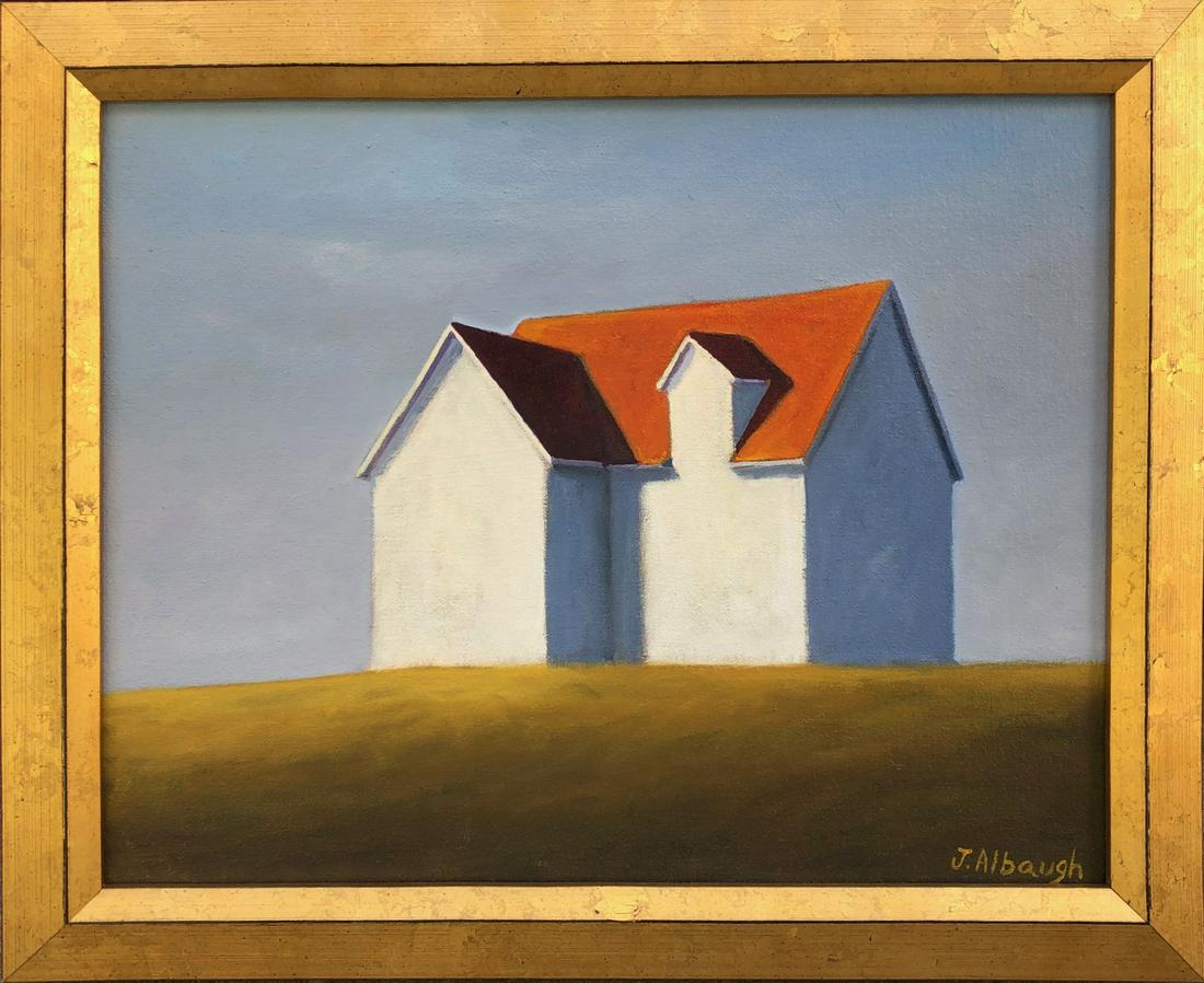 Joan Albaugh Oil on Board "The Overlook": Joan Albaugh (Nantucket, Contemporary) Oil on Board "The Overlook", signed lower right J. Albaugh, in molded gilt frame. 10.5 in. x 13.5 Framed 13 in. x 16 in. Joan P. Albaugh studied at the School of