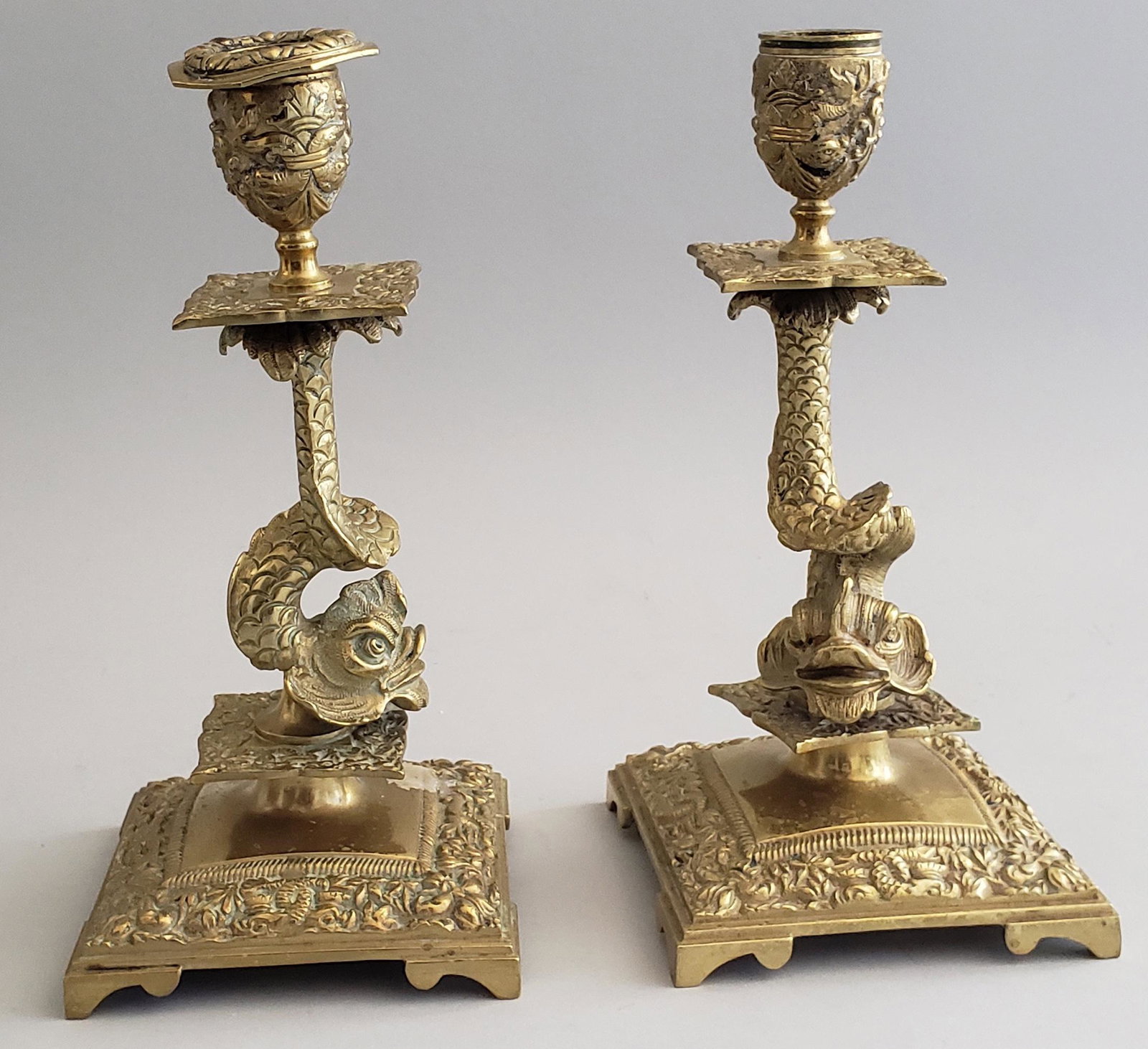 Pair of Antique Brass Sea Serpent Candlesticks (1 of 5)