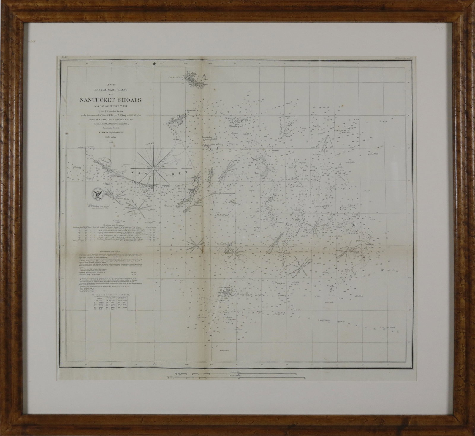 Preliminary Chart of Nantucket Shoals together with: Preliminary Chart of Nantucket Shoals together with Tidal Currents of Nantucket Shoals, 1854, Chart in a molded Bird's Eye Maple, Tidal Currents matted and framed 18.25 in. x 19.5 in. Overall 24 in. x