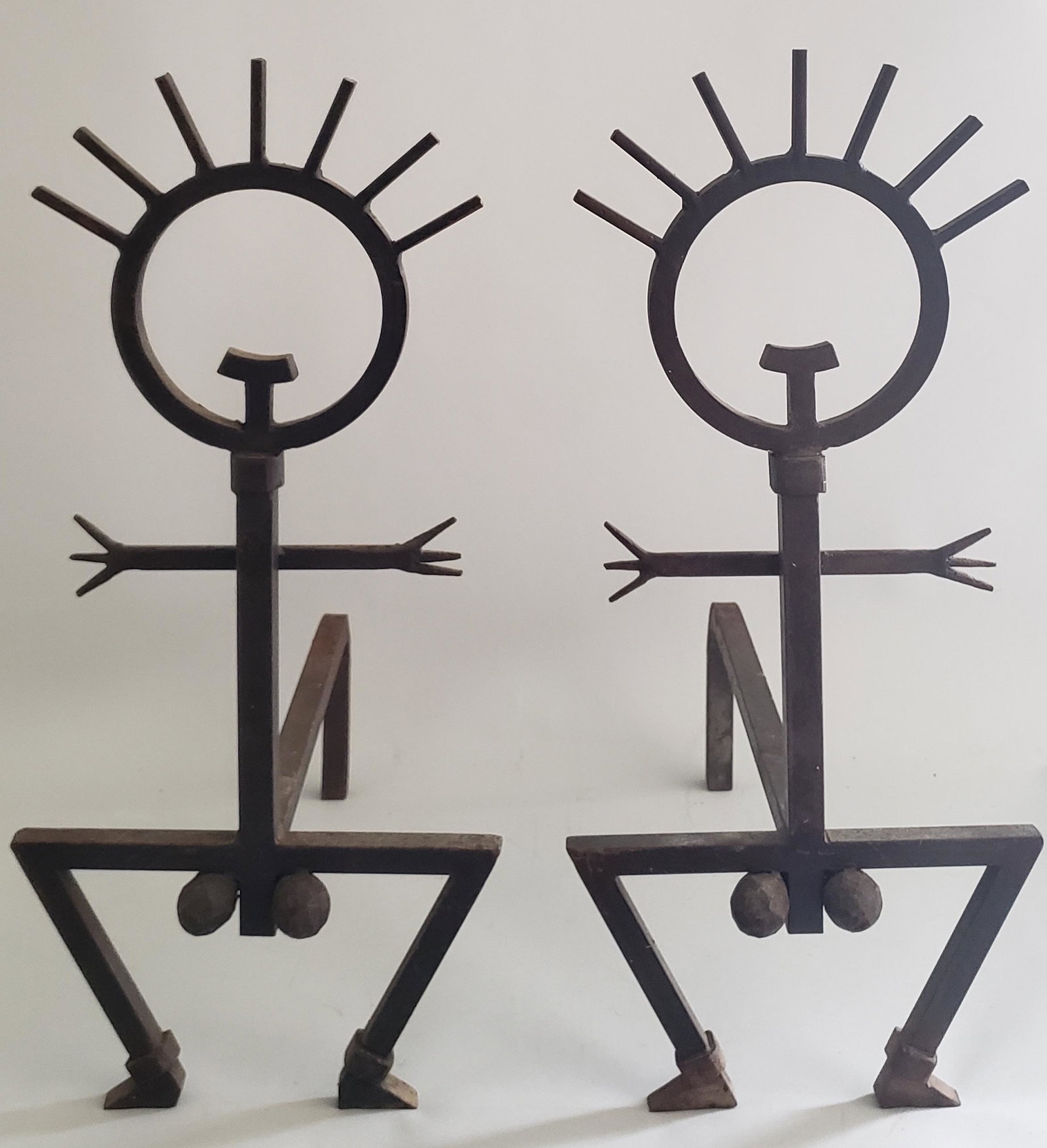 Pair of Arts and Crafts Style Wrought Iron Erotic: Pair of Arts and Crafts Style Wrought Iron Erotic Figural Andirons Height 22 in. Width 10 in. Depth 16.25 in.
