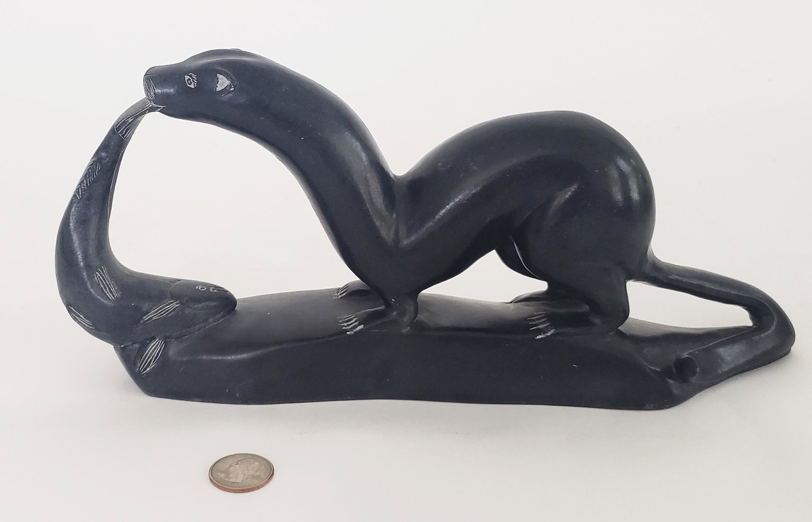 Simon Makimak Inuit Carved Soapstone Otter with Fish (1 of 6)