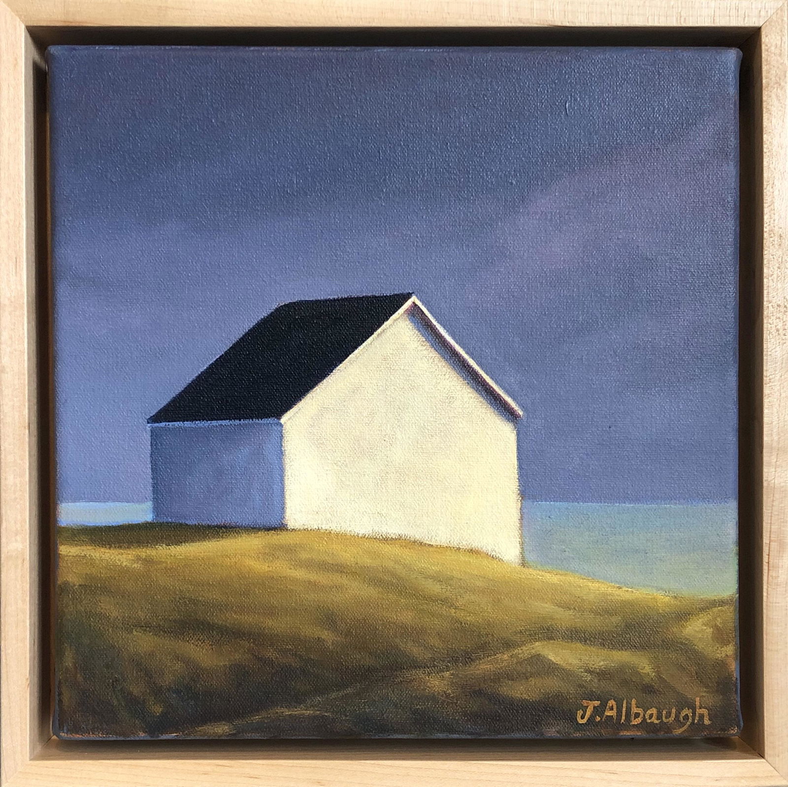 Joan Albaugh Oil on Canvas "White House - Looking Out: Joan Albaugh (Nantucket, Contemporary) Oil on Canvas "White House Looking Out to Sea", signed lower right J. Albaugh in white maple floater frame Overall 11.5 in. x 11.5 in. Albaugh studied at the Sch