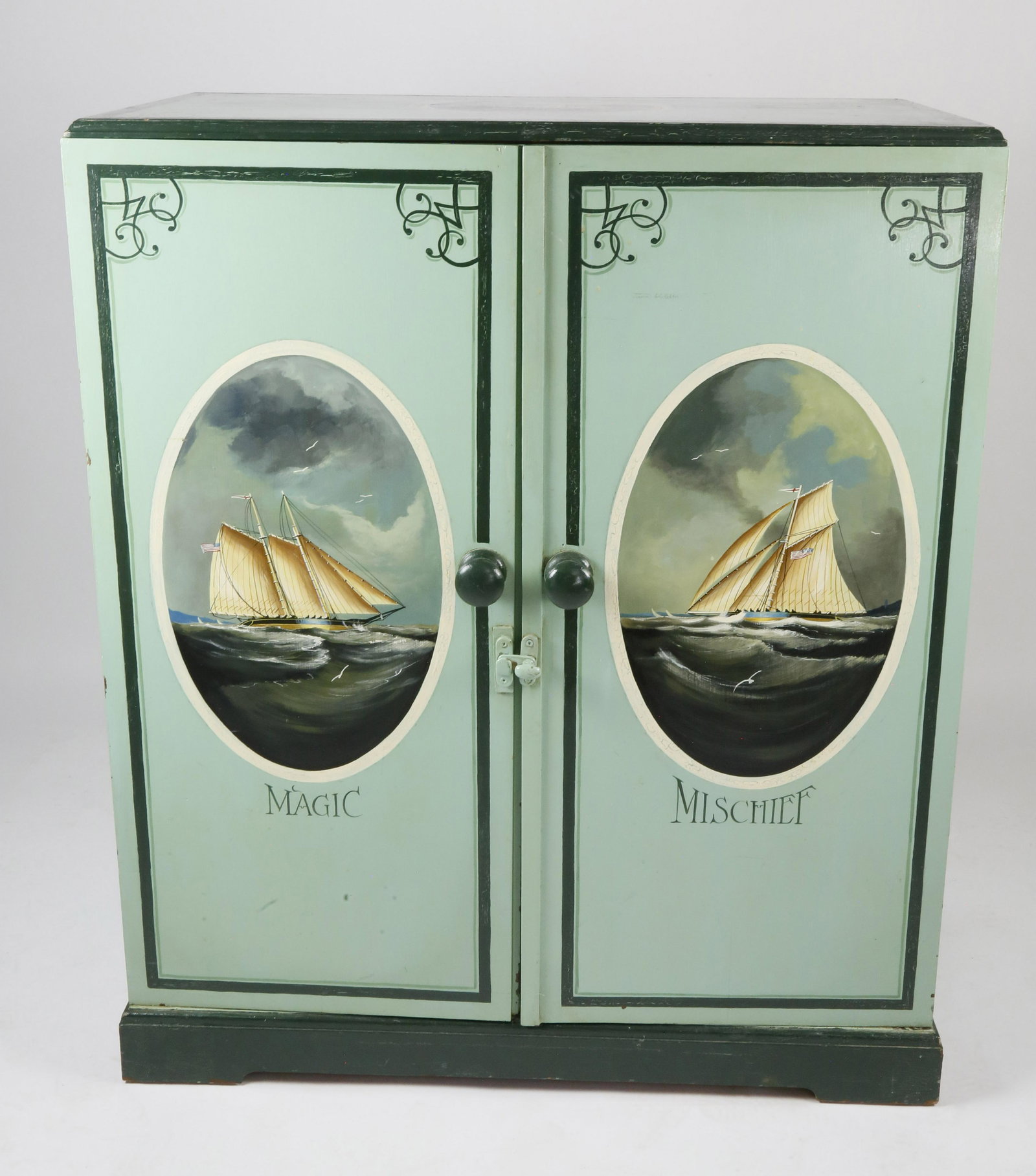 Nautical Paint Decorated Mahogany Linen Cupboard, Circa (1 of 8)