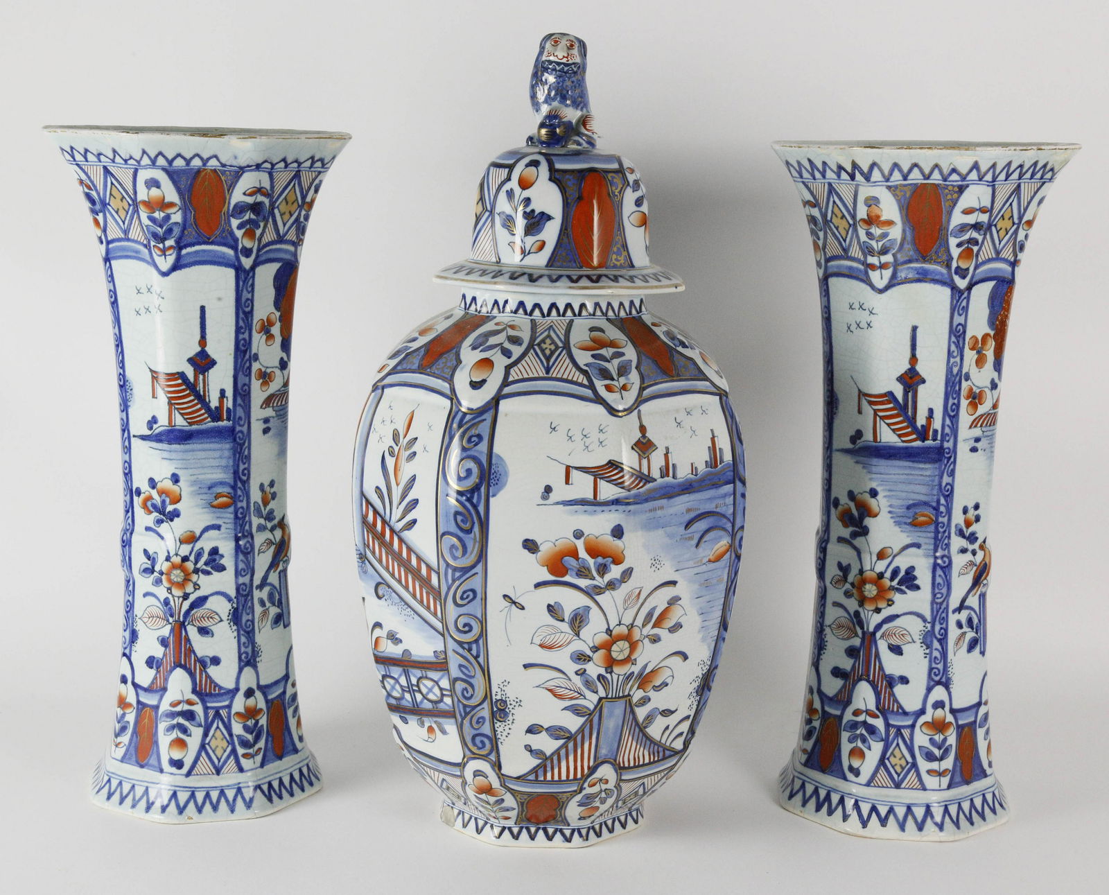 Delft Imari Pattern Ceramic Garniture Set, late 19th (1 of 16)