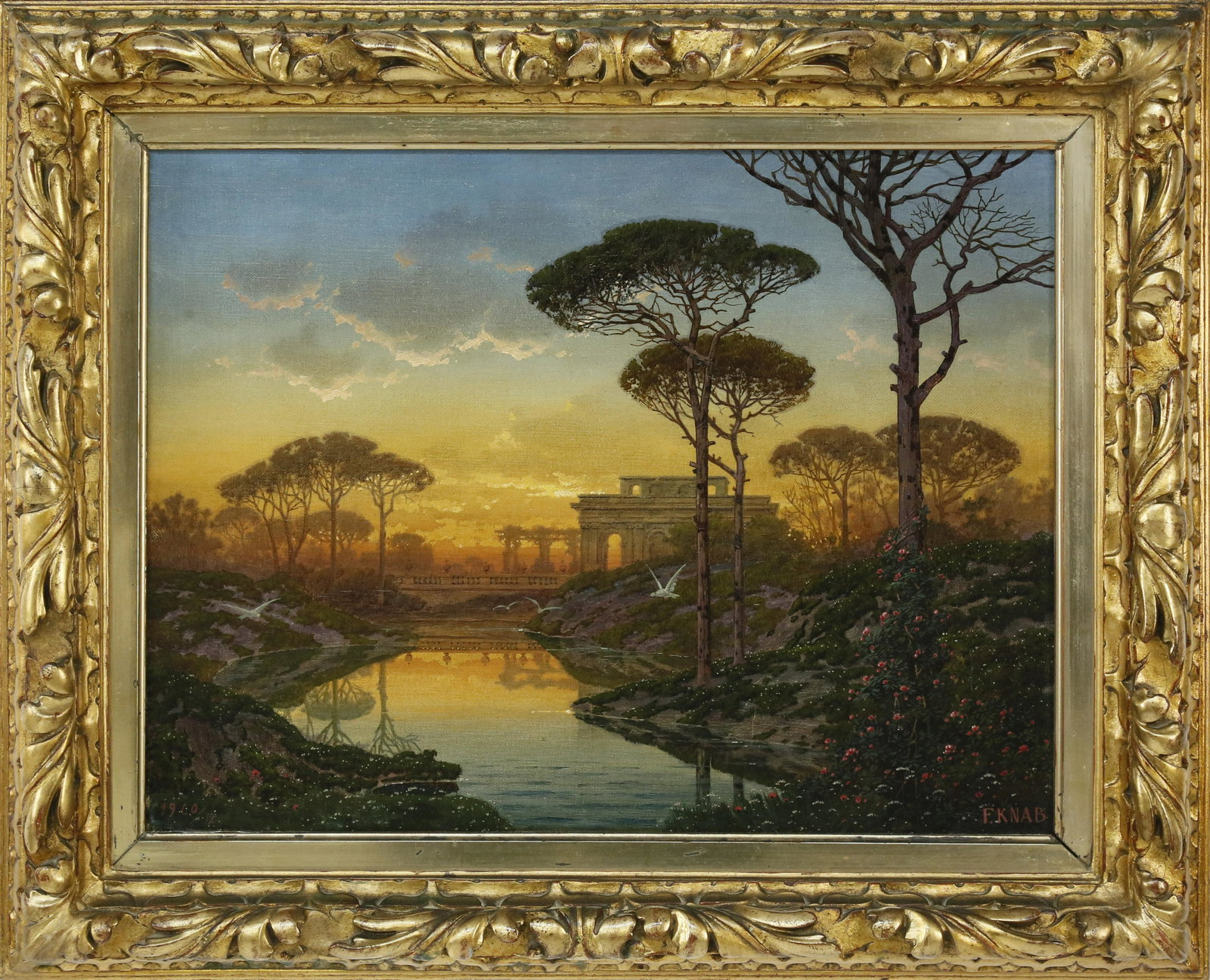 Ferdinand Knab Oil on Canvas "Tranquil Evening": Ferdinand Knab (German 1834-1902) Oil on Canvas “Tranquil Evening Riverside Landscape” with antique villa in the distance, signed lower right F. Knab and dated lower left 1900/12 in original carve