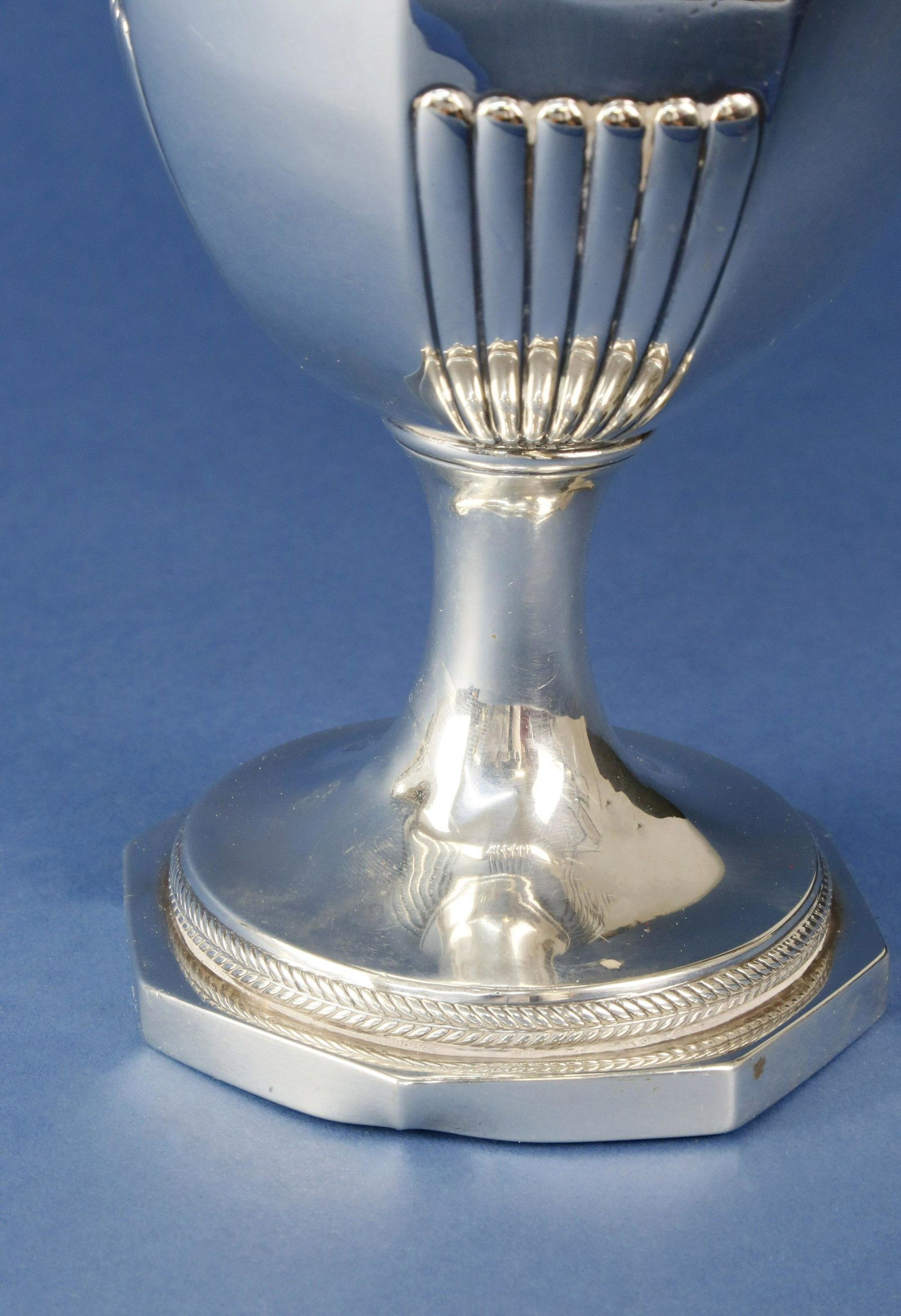 George III Silver Chalice, Mark of Daniel Pontifex: George III Silver Chalice, Mark of Daniel Pontifex, London, 1810, round tapered bowl with plain band above alternately stop-reeded octagonal paneled sides create the arms of a cross in the gilt interi