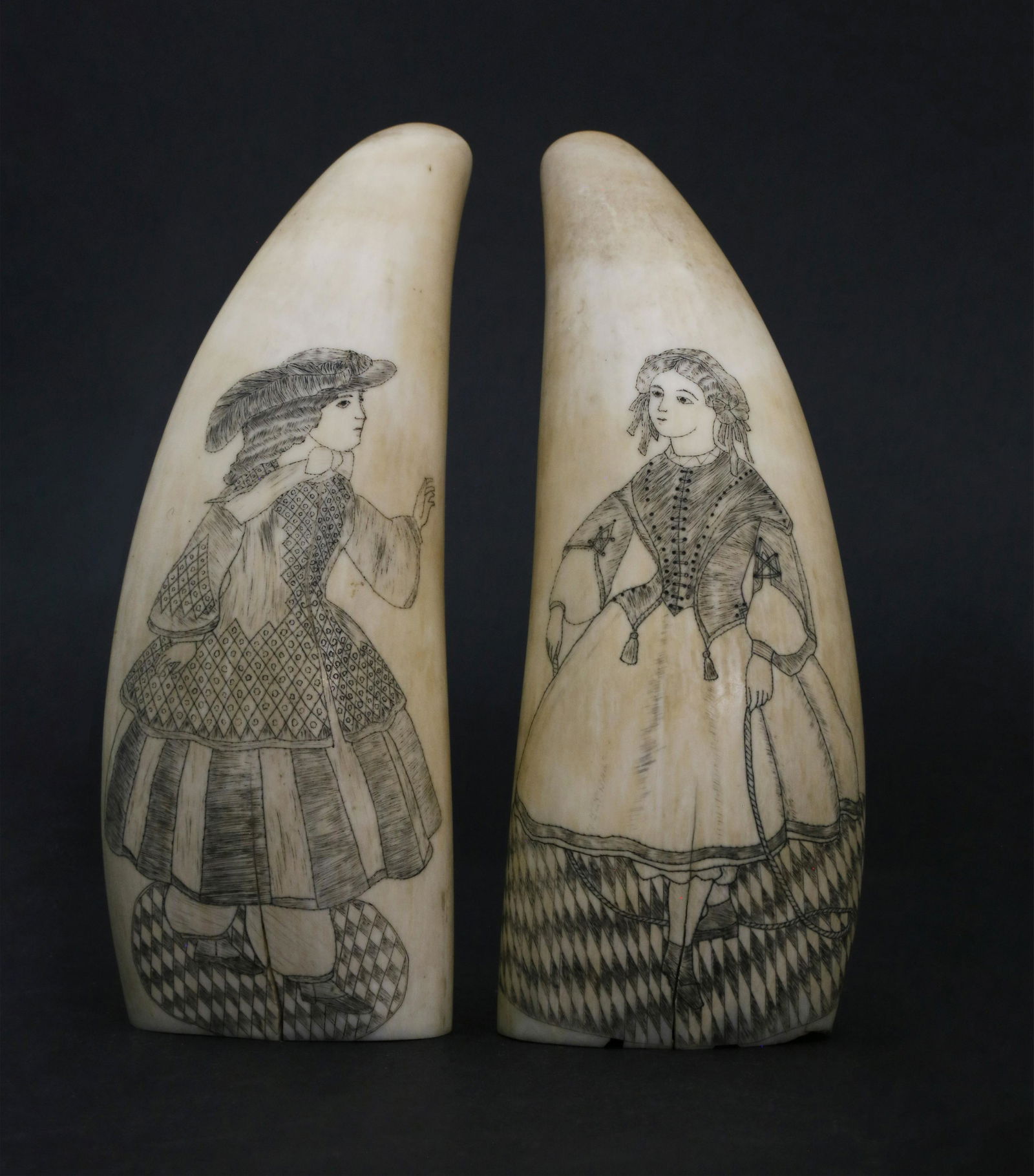 Pair of Antique Scrimshaw Whale Teeth: Pair of Antique Scrimshaw Whale Teeth, 2nd half of the 19thCentury, matched pair with full length portraits of women in fashionable dress, standing upon a parquet floor. Height 6 in. Ex-collection:W