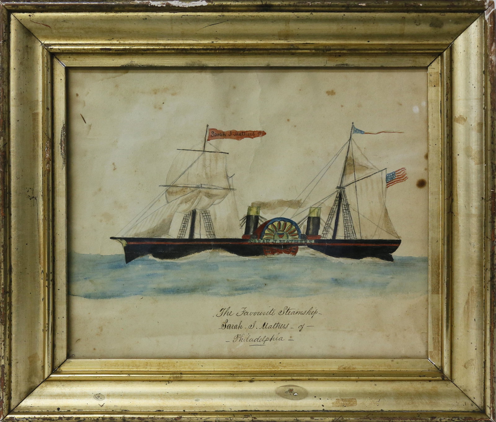 Watercolor "Portrait of the Steamship Sarah J. Mathers": Watercolor on Paper "Portrait of the Steamship Sarah J. Mathers", circa 1854, with inscription Â“The Favorite Steamship Â– Sarah J. Mathers of PhiladelphiaÂ”, signed and dated on reverse Â��