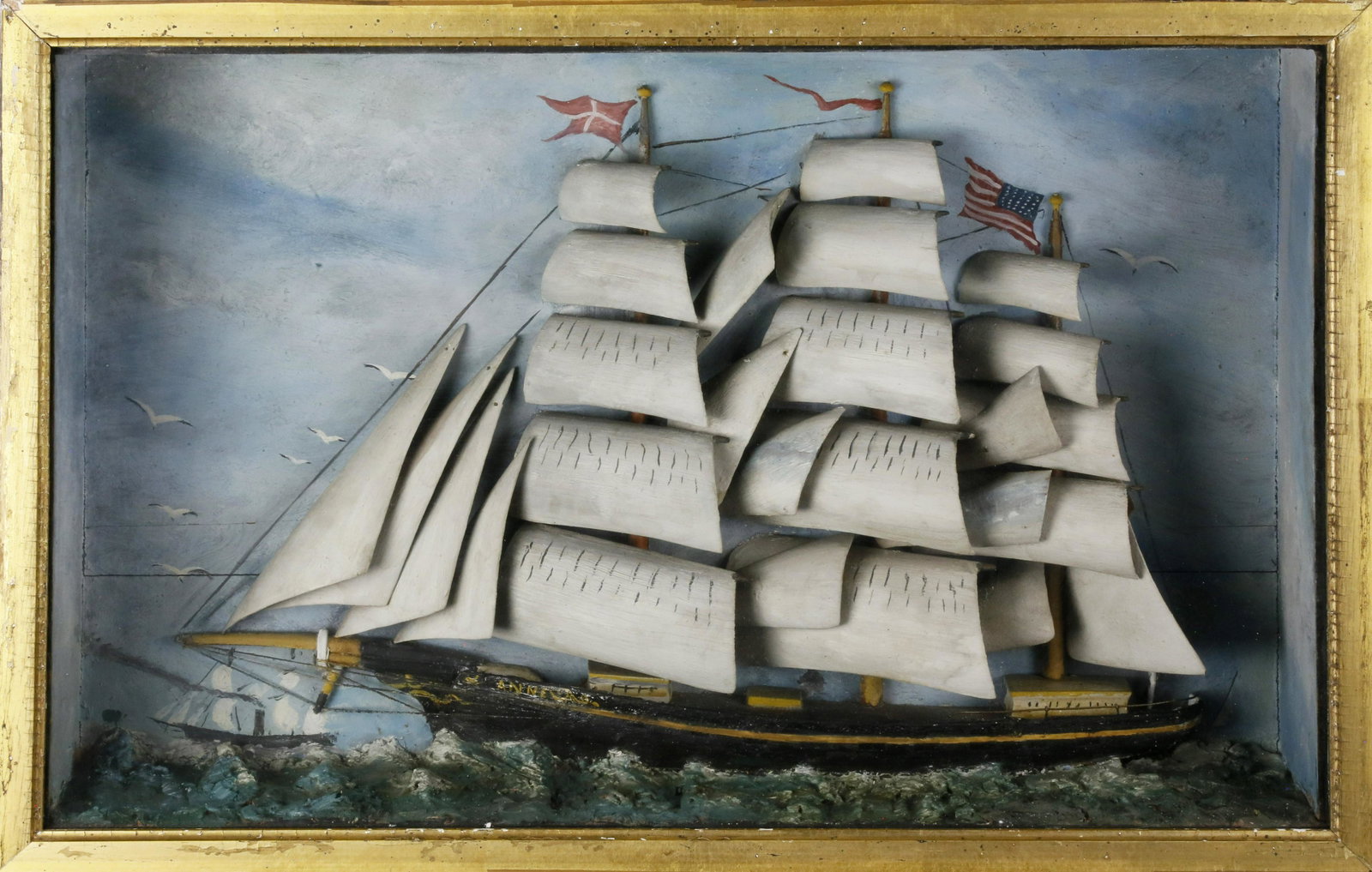 American Folk Art Ship Shadowbox Diorama, 19th Century: American Folk Art Ship Shadowbox Diorama, 19th Century, painted carved wood and mixed media portrait of the clipper ship Anne with sails billowing. Height 14 in. Width 21 ¼ in. Depth 4 ¾ in.