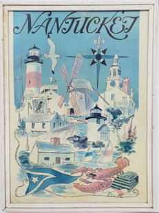 Vintage George Lloyd Nightingale 1974 Nantucket Land: Vintage George Lloyd Nightingale 1974 Nantucket Land Mark Poster Print, depicting Sankaty Lighthouse, The Old Mill, Brant Point, The Rainbow Fleet, and Stone Alley. 30.5 in. x 21.5 in. Overall 32 in.