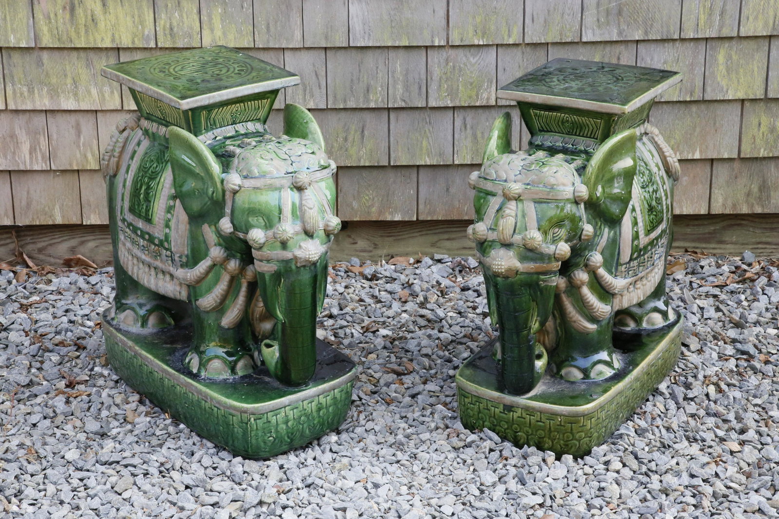 Pair of Green Glazed Ceramic Chinese Royal Elephant: Pair of Green Glazed Ceramic Chinese Royal Elephant Garden Stools