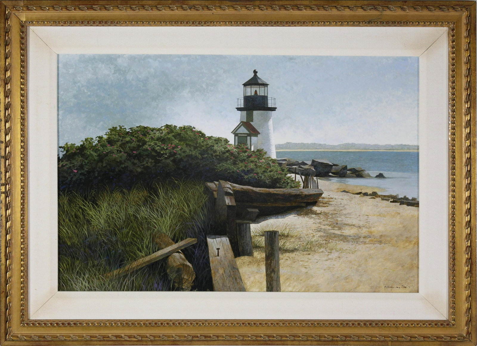 R. Benjamin Jones Acrylic on Panel, "Brant Point Light,: R. Benjamin Jones (b. 1936) Acrylic on Panel, "Brant Point Light, Nantucket", signed lower right R. Benjamin Jones, in carved and molded gilt frame with linen liner. 15.75 in. x 23.5 in. Overall 22.5