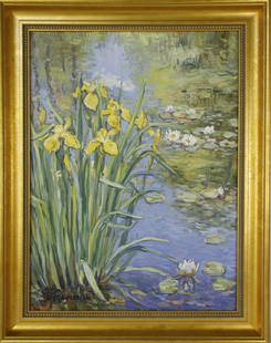 Jan Pawlowski Oil on Canvas "Bearded Irises": Jan Pawlowski Oil on Canvas "Bearded Irises", (Polish/American b. 1949) , signed lower left in a molded gilt frame 24 in. x 18 in. Framed 28.5 in. x 22.5 in.