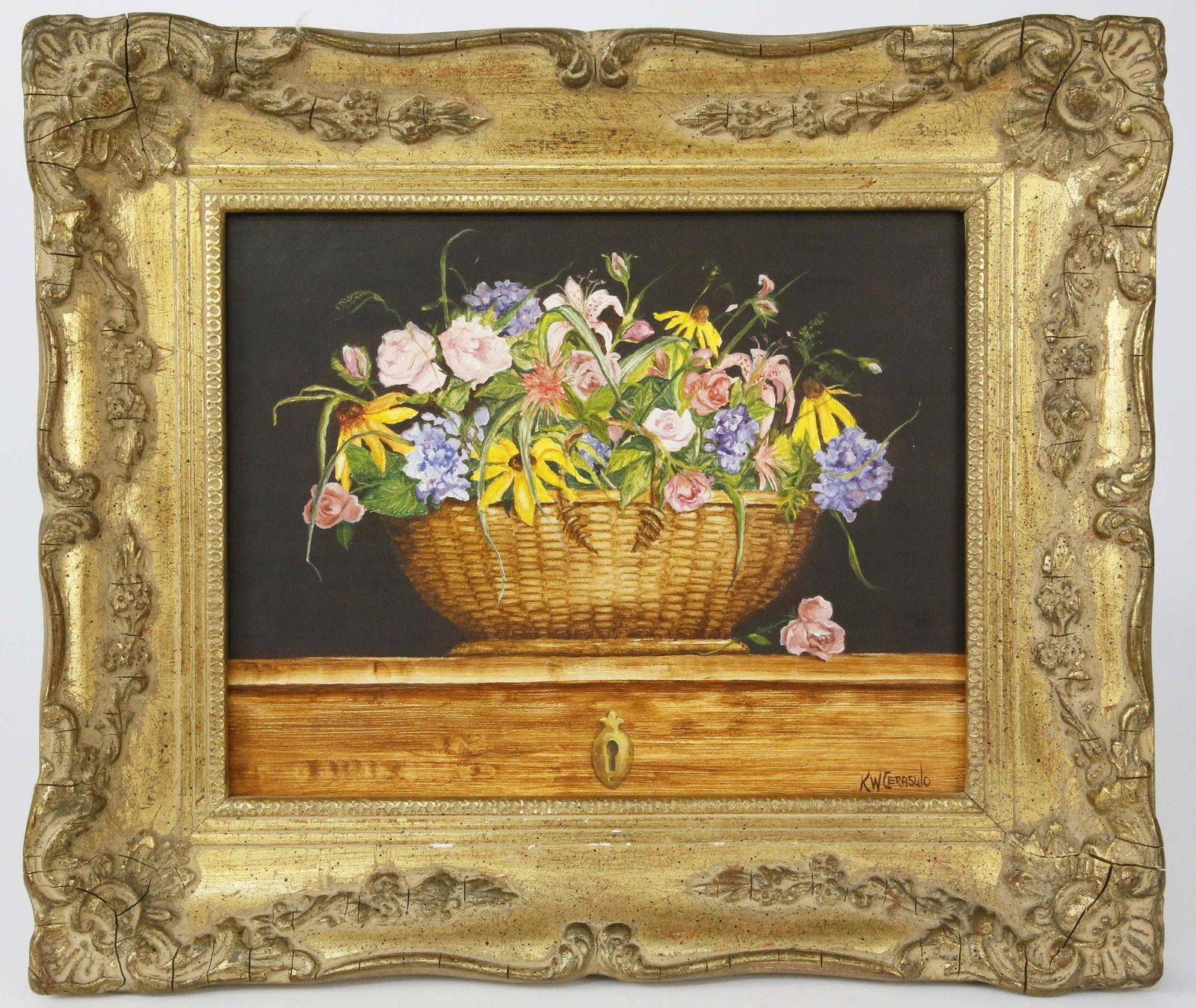 Kathryn White Cerasulo Oil "Nantucket Basket Bouquet": Kathryn White Cerasulo Oil on Masonite "Nantucket Basket Floral Bouquet Still Life", signed lower right K.W. Cerasulo, in molded repousse gilt frame 8 in. x 10 in. Framed 12 in. x 14 in.