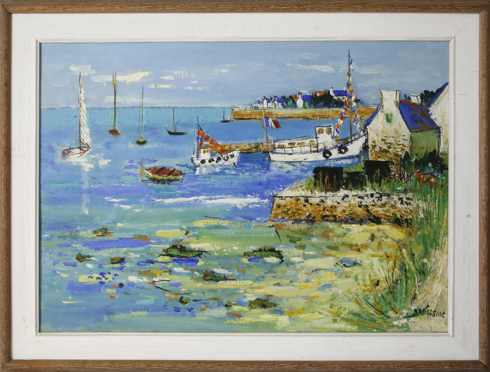 Yolande Ardissone Oil Boats Along a Colorful Shoreline: Yolande Ardissone (French b. 1927) Oil on Canvas "Boats Along a Colorful Shoreline",signed lower right Ardissone, in molded wood frame with white liner. 18 in. x 26 in. Framed 23 in. x 30.5 in.