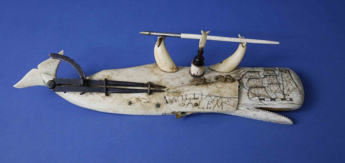 Whaleman Made Antique Panbone Desk Set, circa 1850s: Whaleman Made Panbone Desk Set, circa 1850s, carved antique whalebone sperm whale with scrimshawed bark, applied whale teeth with pen holders flanking an amber india ink bottle with whale ship; hinged