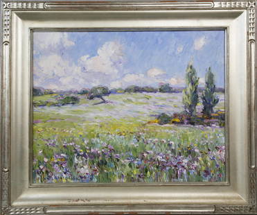 Jan Pawlowski Oil on Canvas "South of France Landscape": Jan Pawlowski (Polish/American b. 1949) Oil on Canvas "South of France Landscape" signed lower left "Jan Pawlowski" in carved silver gilt frame 16 in. x 20 in. Framed 22.5 in. x 26.5 in.