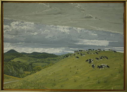 Rackstraw Downes Texas Landscape, Oil on Canvas, "In Hungerfords Pasture": Rackstraw Downes (b. 1939) Texas Landscape, Oil on Canvas, "In Hungerfords Pasture", titled as such on stretcher, signed "Downes" on stretcher, and initialed "RD 71" 17 in. x 23 in. Framed 18 in. x 24