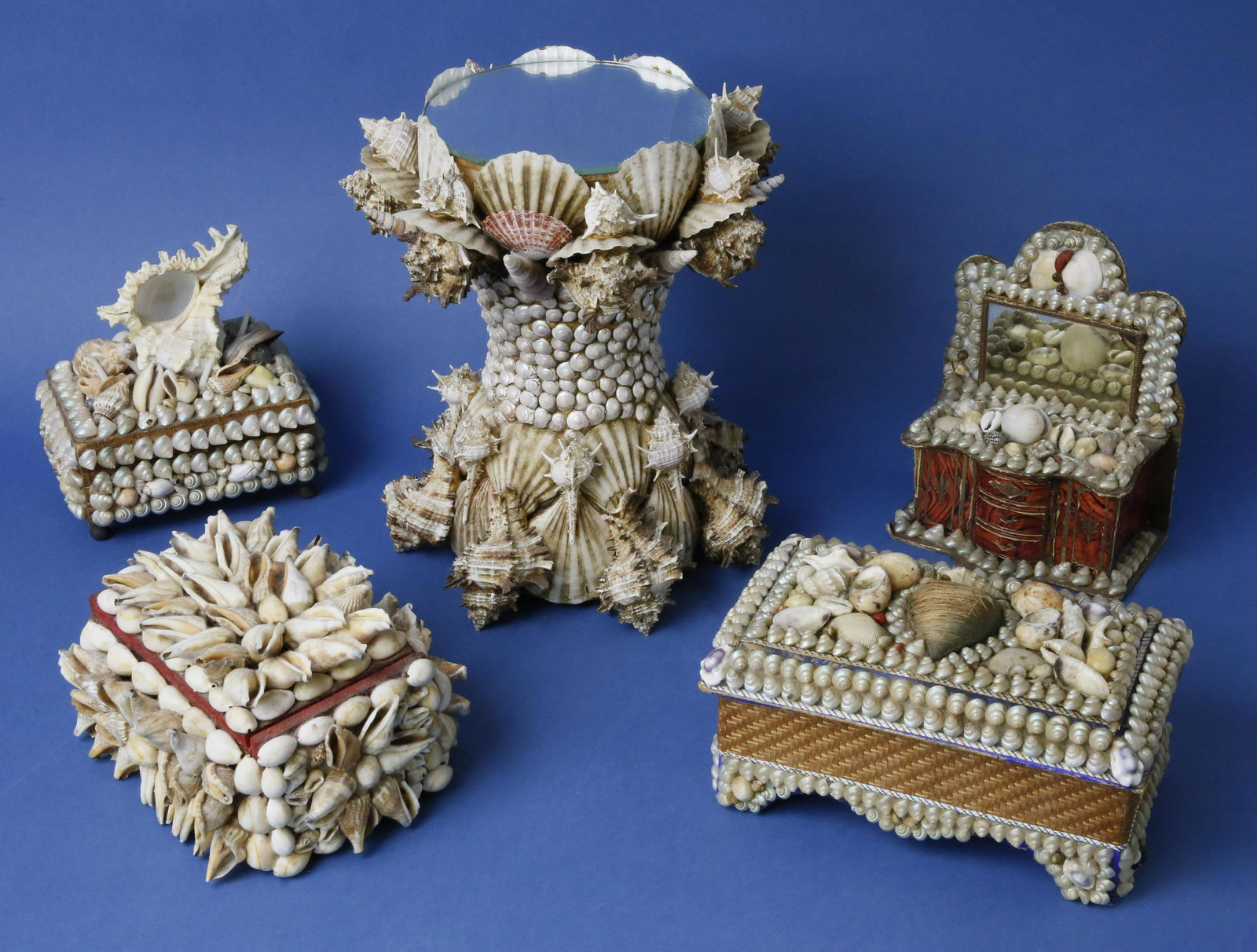 Five Seashell Encrusted Boxes and Mirrored Pedestal Compote (1 of 6)