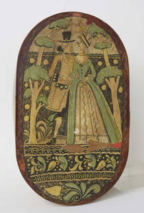 Tony Sarg Paper Decorated Oval Band Box: Tony Sarg (1880-1942) Paper Decorated Oval Band Box, depicting a courting couple in a park, partial label on base; note loses to the paper lithograph on lid Height 7 in. Length 19.25 in. Width 11.25 i