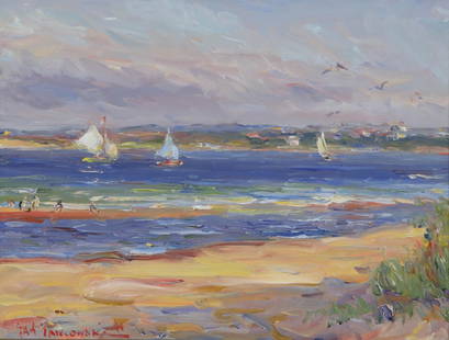 Jan Pawlowski Oil on Canvas "Nantucket Inner Harbor": Jan Pawlowski (Polish/American b. 1949) Oil on Canvas "Nantucket Inner Harbor", signed lower left Jan Pawlowski, in molded gilt frame with linen liner 12 in. x 16 in. Framed 17 in. x 21 in.