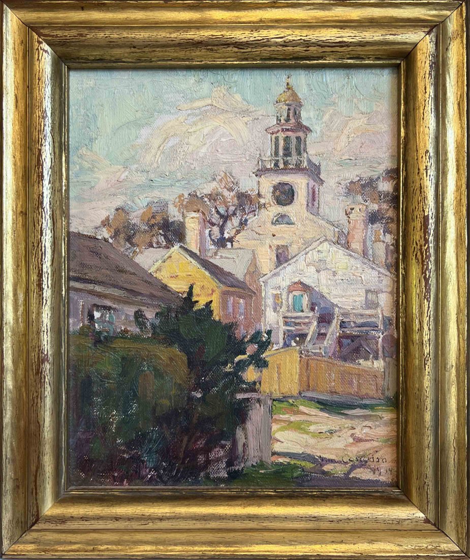 Anne Ramsdell Congdon Oil on Board "Stone Alley": Anne Ramsdell Congdon (American 1873-1958) Oil on Board "Stone Alley", depicting the Unitarian Universalist Church and clock tower at the top of Stone Alley, signed lower left Anne Congdon, 1934, in m