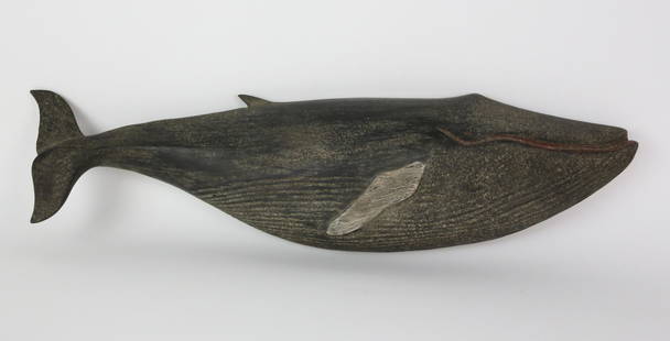 Early Clark G. Voorhees Carved and Painted Blue Whale Plaque: Early Clark G. Voorhees (1911-1980) Carved and Painted Blue Whale Plaque, stamped on reverse CGV and monogrammed CV Length 18 in.
