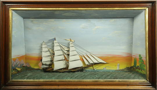 Antique Trapezoidal Shadowbox of the 3-Masted Schooner H. Harvey: Trapezoidal Shadowbox of the 3-Masted Scooter H. Harvey, painted wood background and side panels, black thread rigging, flying American flag, and owner's burgee H. Harvey, depicted heading out Height